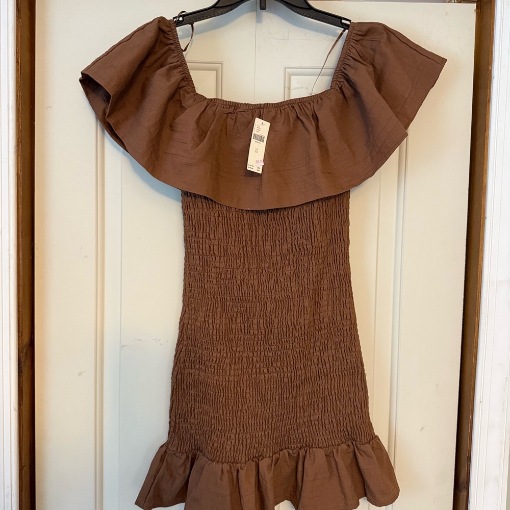 NWT by Anthropologie Brown Off the Shoulder Ruffle Mini Dress Bodycon XS - Picture 5 of 9